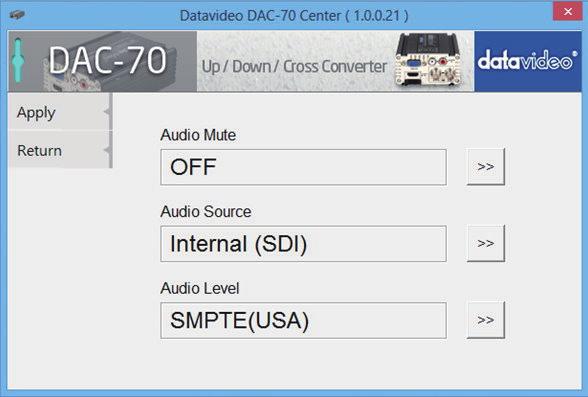 UP / DOWN / CROSS CONVERTER 3.1 Click the Audio tab to set the audio parameters. 3.2 Set the audio mute, audio source & audio level then click Apply.