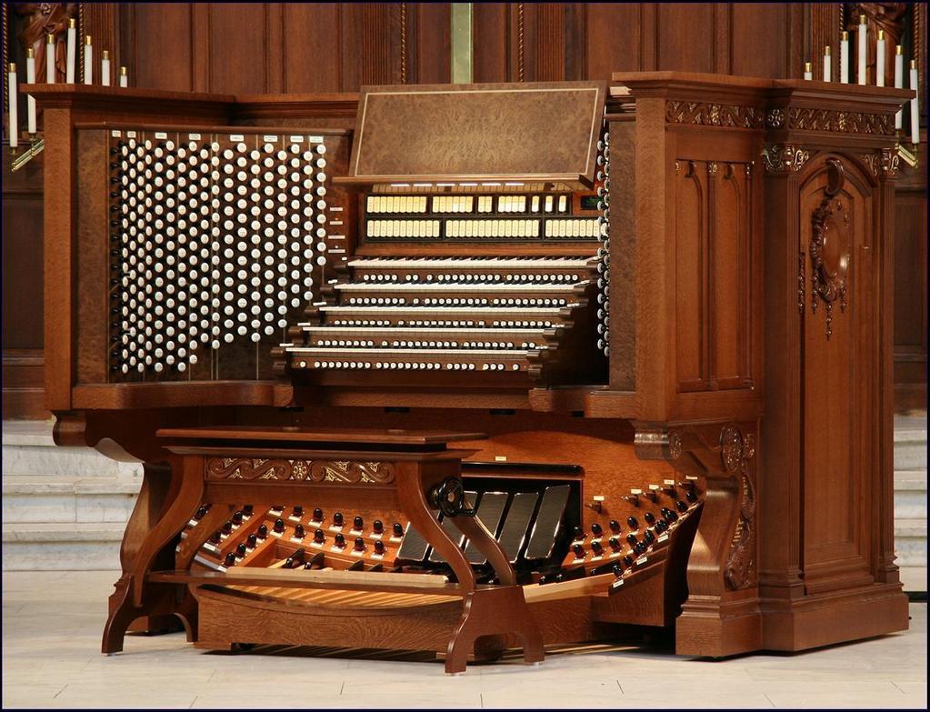 The organ console is a control center for the pipe organ.
