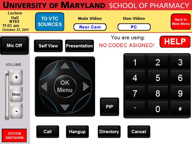 Back to the source selection School of Pharmacy VTC Mode Control page Toggle on/off sending your presentation source to far end This should have a codec number.