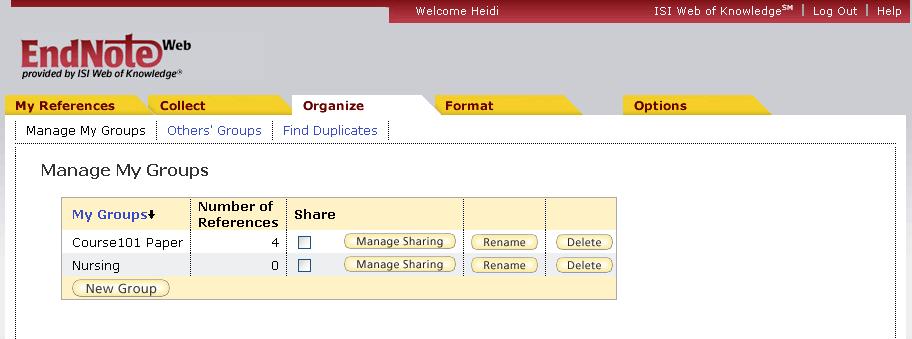 16 Under the Organize Tab (shown below), you can: Collaboration with EndNote Web Manage your groups: Here you can create, rename,
