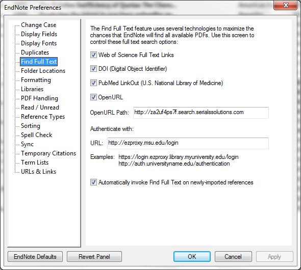 9 EndNote X6 and Full Text Endnote X6 can be configured to search for and download the full text of articles in libraries. To configure this option 1. Go to Edit > Preferences > Find Full Text 2.