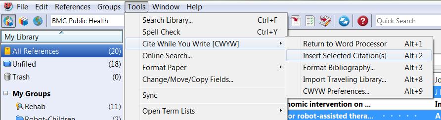 Select Tools Cite While You Write (CWYW) Insert Selected Citation(s) OR click Alt+2 Citation style To change the citation style, in the Style dropdown menu choose the desired style Then click the