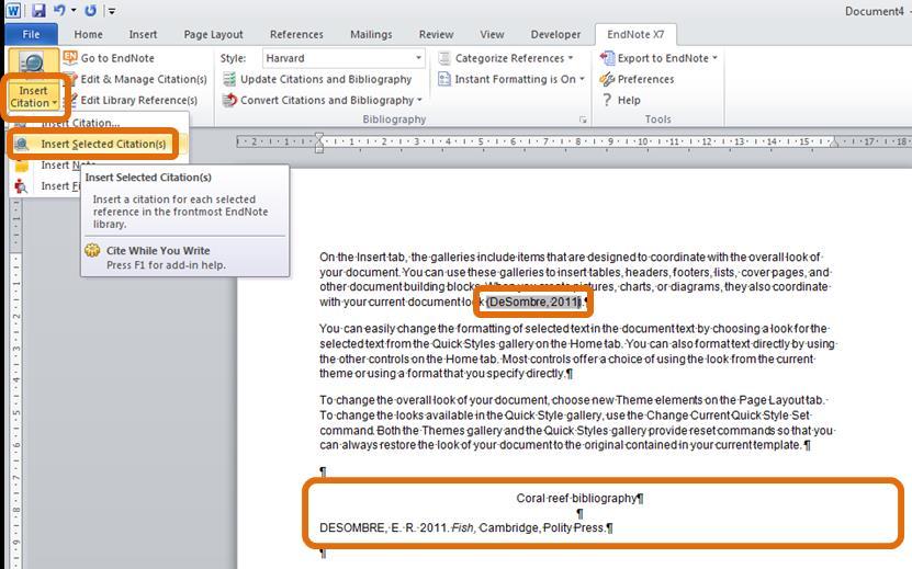 Step 2: In Word, position your cursor where you want your citation to appear, then click Insert Citation > Insert Selected Citation to