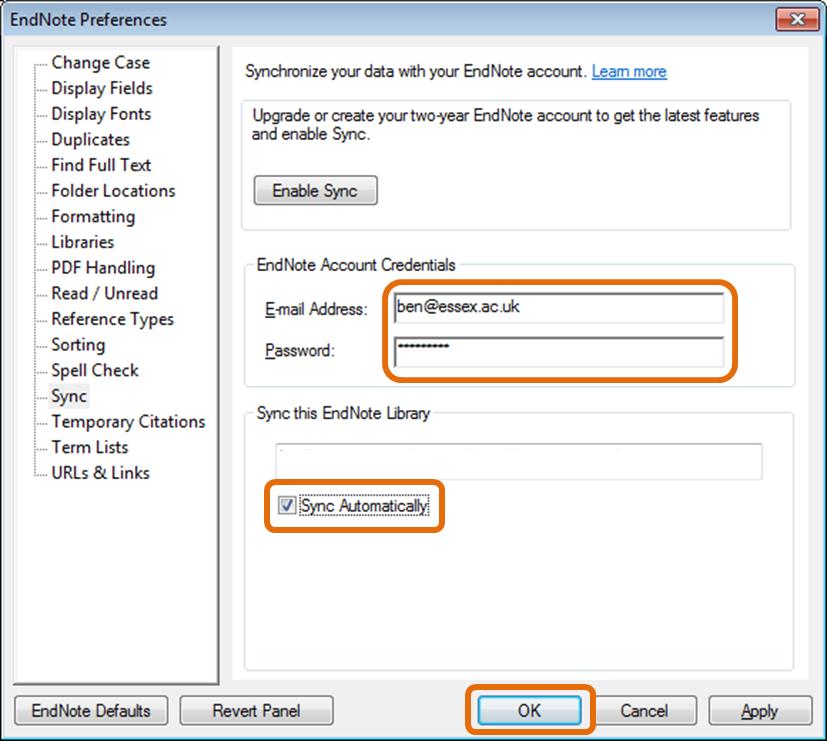 Tick the Sync Automatically box if you want EndNote to run sync automatically.