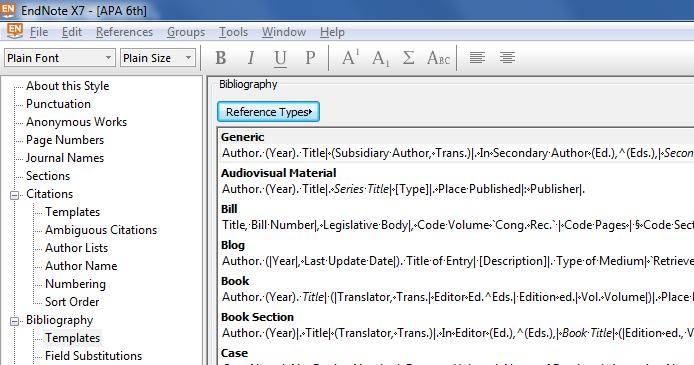 2 1 Figure 27: Defining the specification of different document types in the reference list Use the Insert Field command (top right) to insert all the fields you need.
