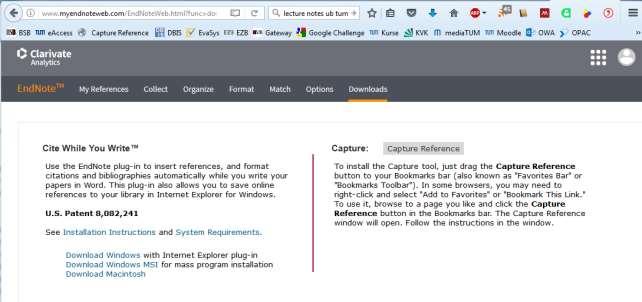 Figure 42: Setting up the EndNote Capture Bookmarklet For example, if you want to save a website as a reference, click on the bookmarklet in your browser. The following window will open (s. Fig.
