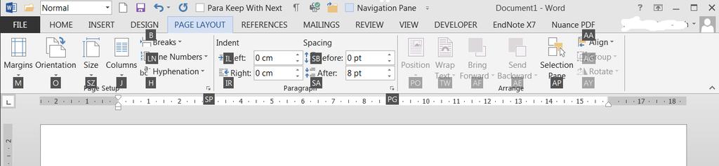 Further Keystrokes to Control Buttons (press ALT+P to show these on the Page Layout tab of the Ribbon) The elements of a dialog can be controlled, as usual with Windows applications, by using TAB to