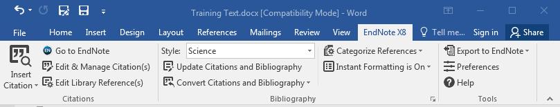 Cite-While-You-Write (MS Word Plugin) EN installs the tab <EndNote X8> into the MS Word menu EN s Word plugin acts as an interface between EN and MS Word Either use