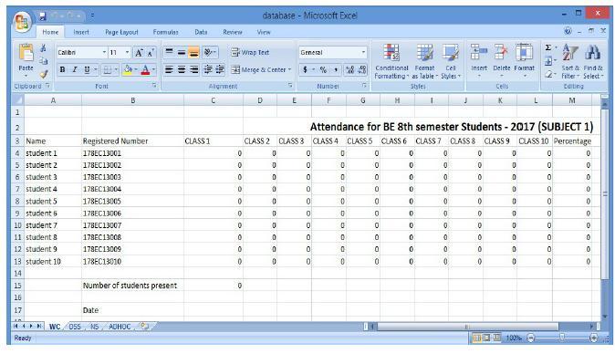 Fig 8: Excel sheet corresponding to 10 students and 10 classes G. Sending Messages Serial communication is used and appropriate port name must be included to activate it.