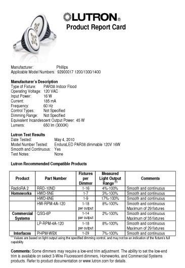LED lamps Dimming compatibility report For a specific LED/driver product: Tells you which makes/models of dimmers work Min # of lamps or luminaires