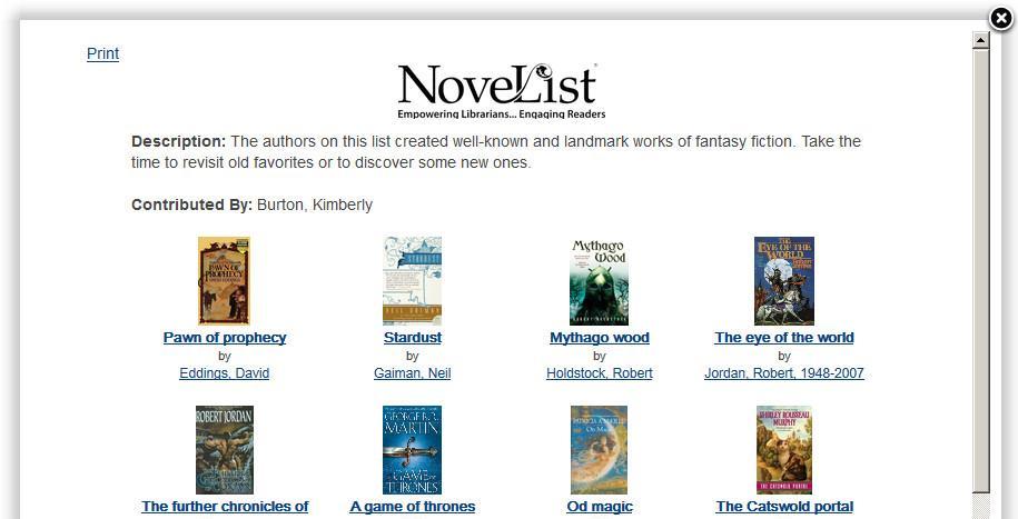 In the Recommended Reads window you can click on titles or authors to perform a search of the catalog for that specific title or author. You can also print the list.