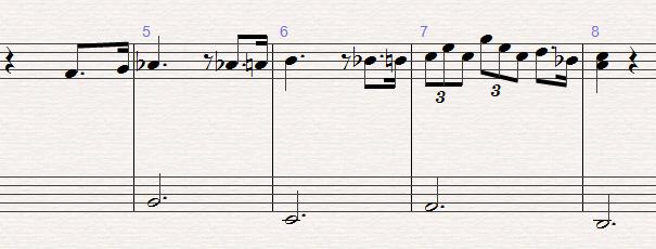 These are the second 4 bars This is characterised by the ascending dotted rhythm section, which then explodes into a bunch of triplets in the 7 th bar over a A half dim chord, before ending on