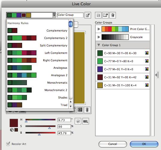 Create a color group in Live Color You create a color group in the Live Color dialog box by choosing a base color and a harmony rule.