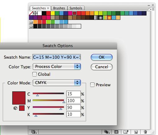 In the Swatches panel, you can identify the color type of a color using icons that appear next to the name of the