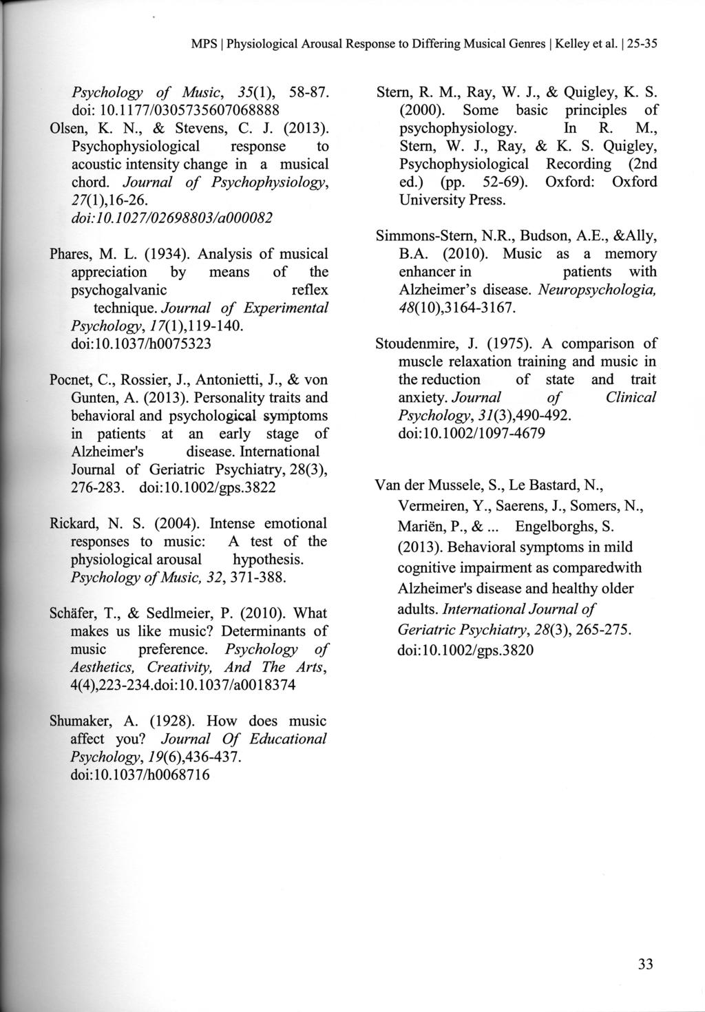 MPS I Physiological Arousal Response to Differing Musical Genres I Kelley et al. 125-35 Psychology of Music, 35(1), 58-87. doi: 10.1177/0305735607068888 Olsen, K. N., & Stevens, C. J. (2013).