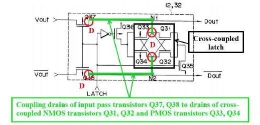 Petitioner s annotated figure illustrates the portions of Watanabe Figure 7 that Petitioner points to as corresponding to the gate, source, and drain of the input pass transistors Q37 and Q38.