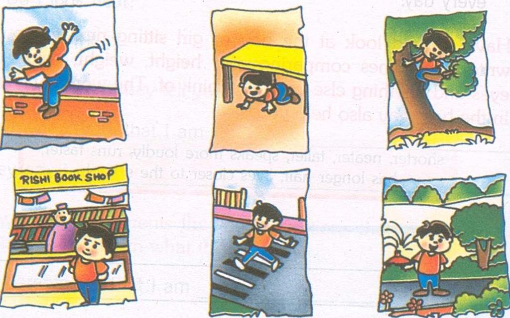 WHERE ARE YOU? COMPREHENSION PASSAGE 2 A. Look at the pictures. Match the phrases to the pictures. In the park, in front of the shop, over the wall, across the road, on the tree, under the table B.