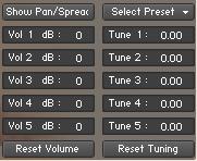 To shift between the Volume, Tune, Pan and Spread columns, you use the Show Pan/Spread Vol/Tune button.