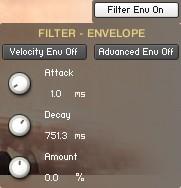The Filter Env On/Off button activates the filter envelope, and the envelope knobs and buttons appear.
