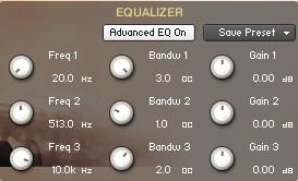 The EQ Page: The EQ can either be a simple Bass/Middle/Treble Equalizer, with predefined Frequency and Bandwidth. Or an Advanced 3-Band Parametric Equalizer. The Freq.