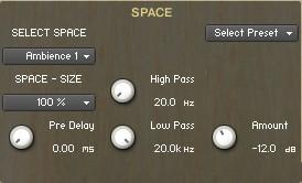 The Space/Reverb Page: On the Space/Reverb Page you can choose between two different reverb types Space (convolution reverb) and Reverb (algorithmic reverb). The Reverb uses less CPU than the Space.
