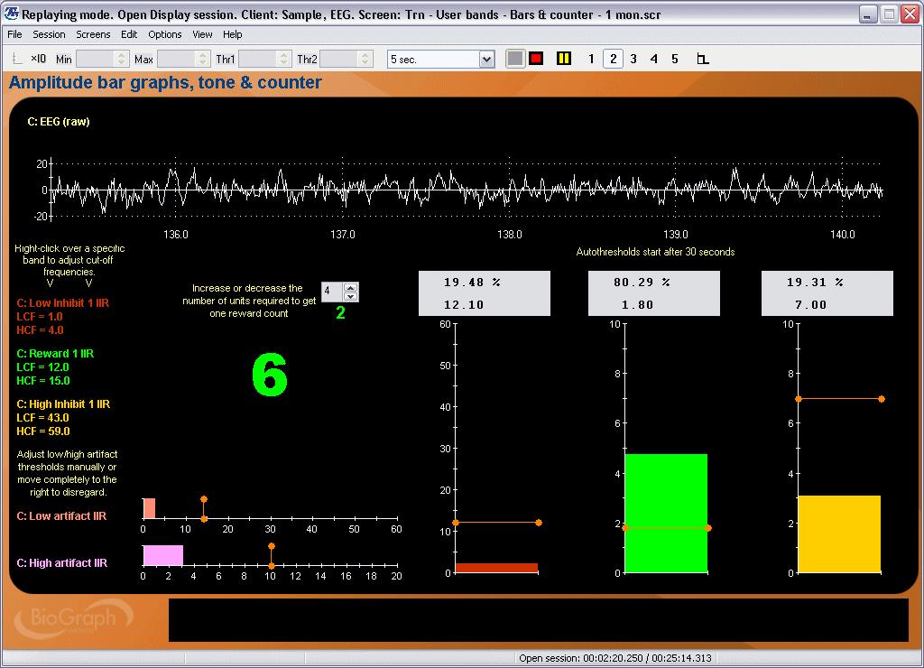 Training Bar Graphs 1 In this basic three band training screen, audio feedback occurs when the success condition is met, which is defined as the reward band above threshold and the two inhibit bands