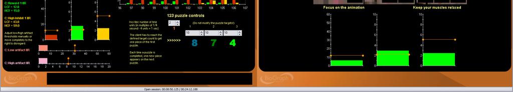 Training Puzzle Animation 2 s Same as above for a two-monitor system. The client side bar graphs are child bar graphs that are directly linked to the three graphs on the clinician side.