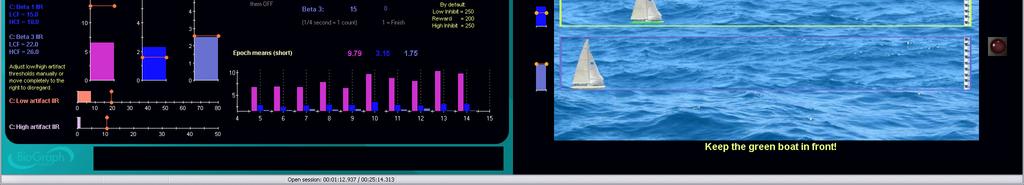 Training Beta Boat Race 2 s & Training SMR Boat Race 2 s These two-monitor screens are similar to the previous ones but the client side shows three boats and three bar graphs.