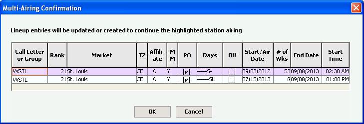 LINEUP MAINTENANCE Type in the new information for the Perm airing including call letters, day, airdate and time. Move your cursor out of that row.