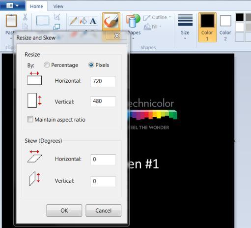 Next open the file in Microsoft Paint. Use the Resize and Skew feature to set the image to 720X480 as shown in below in Figure 61.