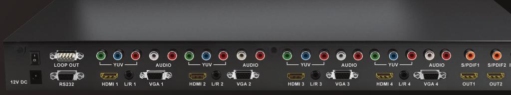 inputs as HDMI, YUV, VGA or CVBS Scales input up from 480i to 1080p Dual HDMI output: Either simultaneous or 4x2 matrix mode View 4