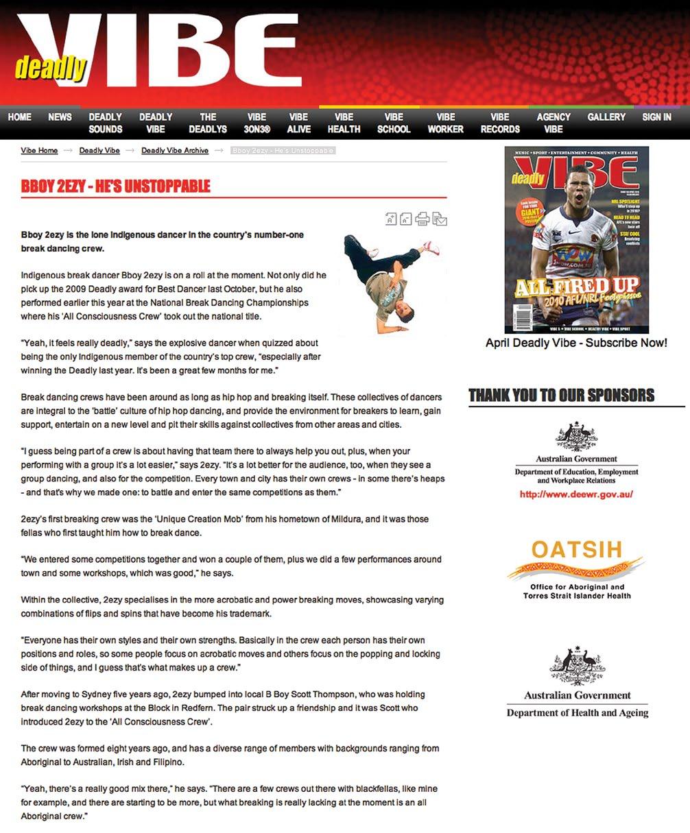 n Reading web pages This is an online magazine article about an Indigenous dancer, Bboy 2ezy. Features of the web page are labelled.