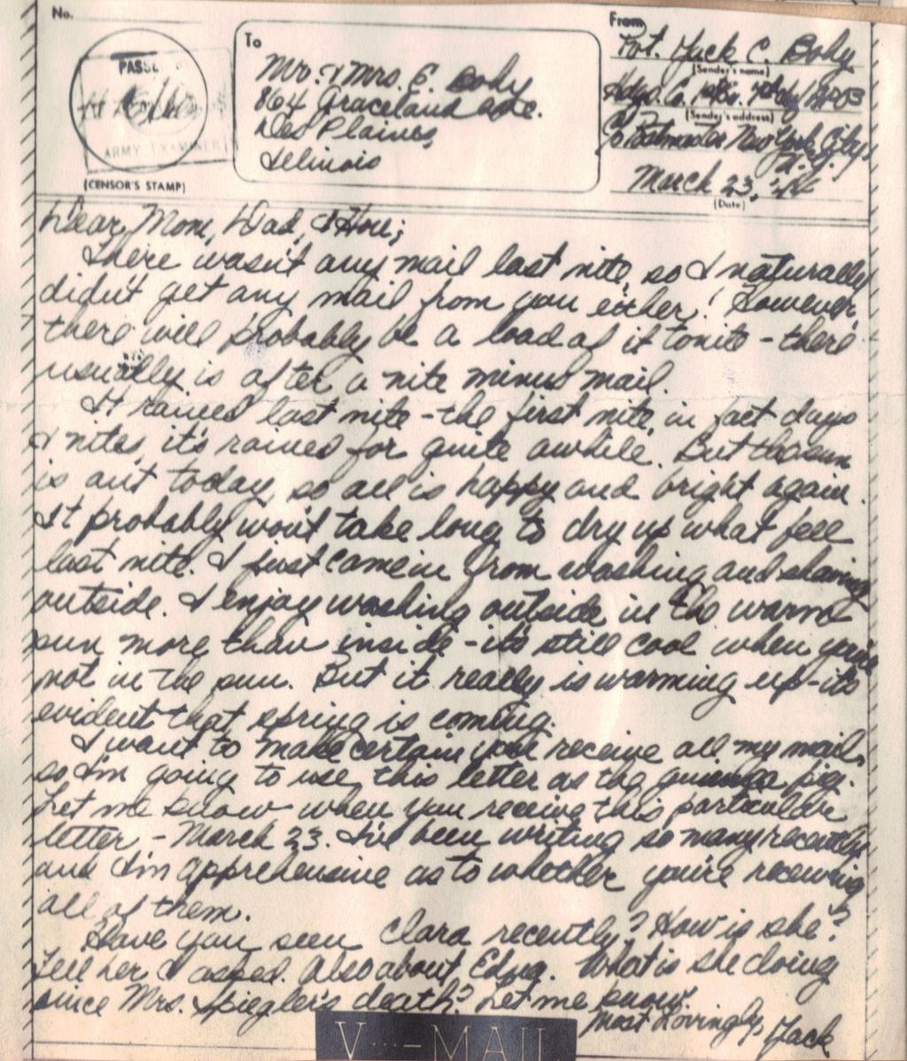 Mar 23, 1944 Dear Mom, Dad & Hou; There wasn't any mail last night, so I naturally didn't get any mail from you either!