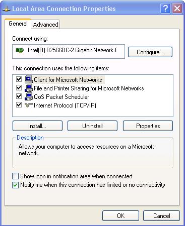4. Select Properties. The Local Area Connection Properties window appears. 5. Select the Internet Protocol (TCP/IP) and click the Properties Button.