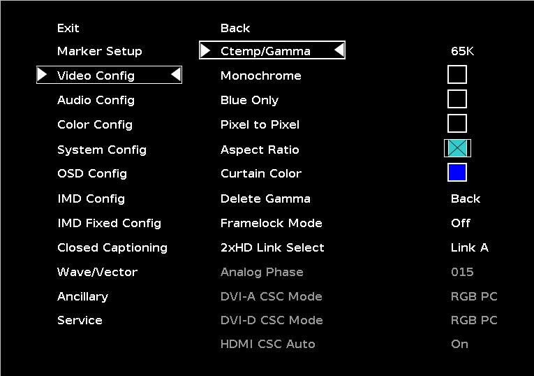 Video Config Submenu Use the Video Configuration submenu to select various video settings such as monochrome mode or blue-only mode.