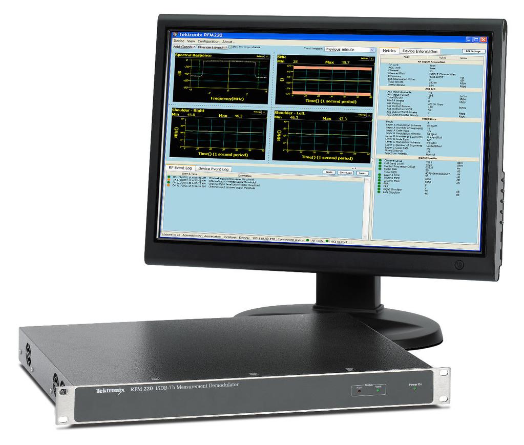 RFM220 ISDB-Tb Measurement Demodulator Applications RF performance monitoring of local and remote ISDB-Tb transmitter sites Off-air monitoring at local and national operation centers and headends