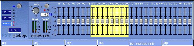 Chapter 7 Graphic EQ The controls for the 12 Graphic EQs are as follows: Click here to link EQs in stereo pairs Reset Flat Clickheretoselect which Graphic EQ to adjust (1 of 6) Processing In/Out Trim