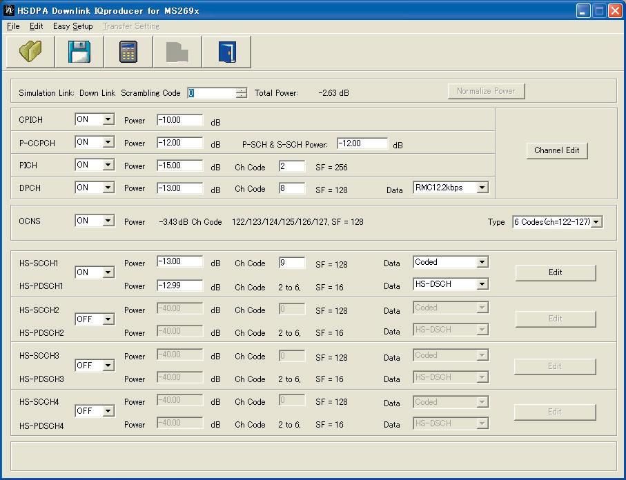 MX269901A HSDPA/HSUPA IQproducer Display Setting range TrCH Number 1 to 8 DTX Fix/Flex Data PN9, PN9fix, PN15fix, 16 bit Repeat TTI 10, 20, 40, 80 ms Max.