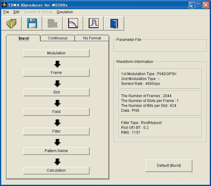 MX269902A TDMA IQproducer TDMA IQproducer This optional GUI-based PC application software is used to set the parameters and generate waveform patterns for TDMA systems.
