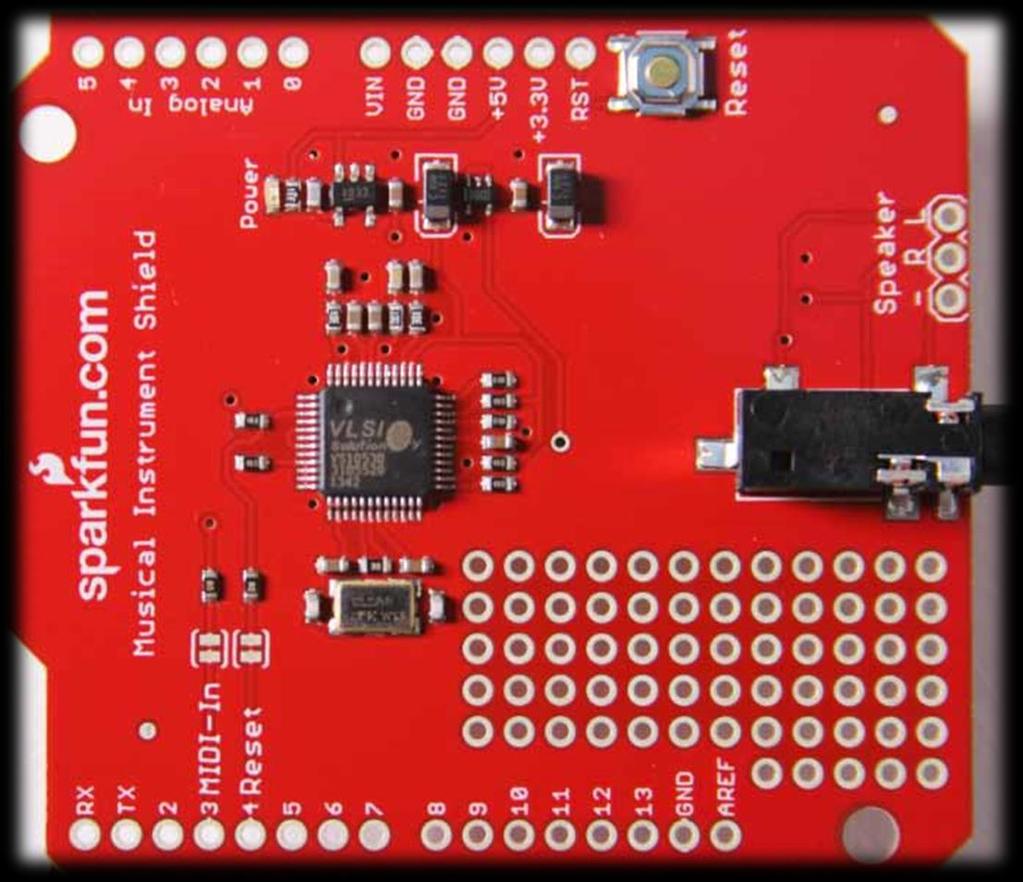 What's in the box (ii)? Sparkfun Music Instrument Shield: The VS1053 contains two large tone banks including various piano, woodwinds, brass, synth, SFX and percussion sounds.