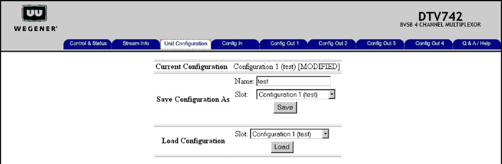 The Unit Configuration tab below shows the current configuration in use and allows storage