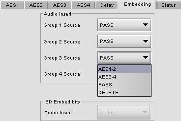 To configure the AES digital audio signals, access the AES1 to 4 tabs. There are two sliders (left and right for stereo sound) available to set the level from -96 db to +12 db in steps of 0.5 db.