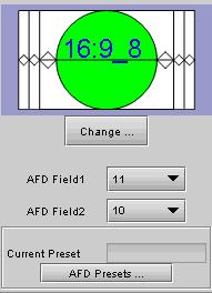 The Input aspect ratio section indicates the presence of AFD and VLI flags in the incoming video via status icon s (green if flags are present; gray otherwise), and displays an interpretive graphic