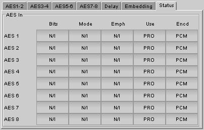 The Delay tab allows the user to set the delay of the AES audio as it passes through the embedder. The delay is selectable between none, and a number of video frames (0 to 3 frames in 0.
