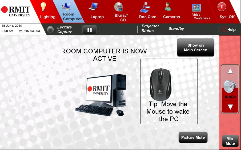 3.4.5 Room Computer Page Button Function Notes Page PC to display device PC is display on the projector(s) or LCD(s) Show on Main Screen Picture Mute Displays contents on display when selected Mutes