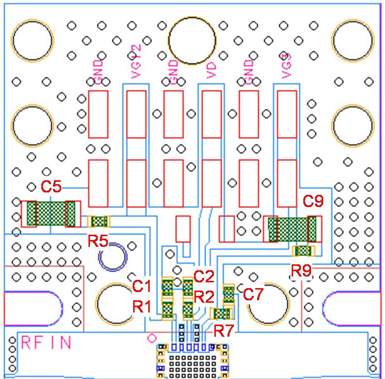 Applications Information Evaluation Board Layout RF Layer is.8 thick Rogers Corp. RO43C, εr = 3.38. Metal layers are.5 oz. copper.