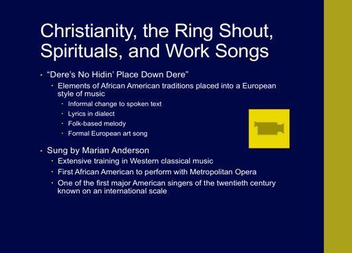 Although this is an African American spiritual, all the musical elements on display are European, except for the lyrics in dialect Dere s No Hidin, and the informal change to spoken text.