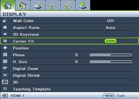 Press MENU/EXIT and select the DISPLAY menu. 2. Press to select 2D Keystone and press MODE/ENTER. 3.