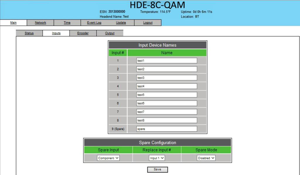14 HDE-8C-QAM 5. "Main > Inputs" Screen The Main > Inputs screen (Figure 5.) is a user-configurable screen where the following input source parameters can be configured: 1 2 4 5 Figure 5.