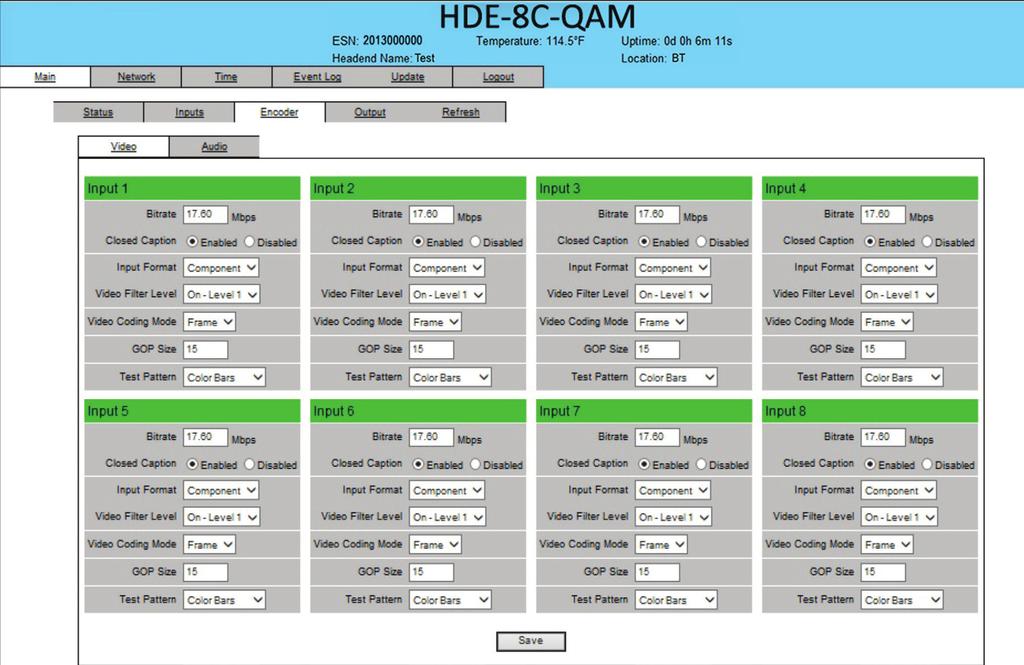 HDE-8C-QAM 15 5.4 "Main > Encoder" Screen The Main > Encoder screen (Figure 5.4.1) is a user configurable screen and includes the following sub tabs: Video and Audio. 5.4.1 Main > Encoder > Video Screen The Main > Encoder > Video screen (Figure 5.